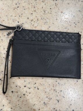 GUESS Black Embossed Logo Quilted Top Wristlet